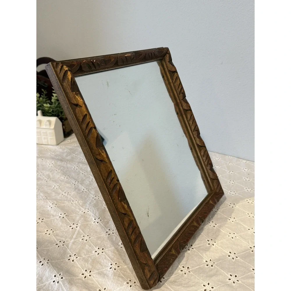Vintage Hand Carved Wood Framed Mirror Tabletop or Wall Rustic Folk Art Decor